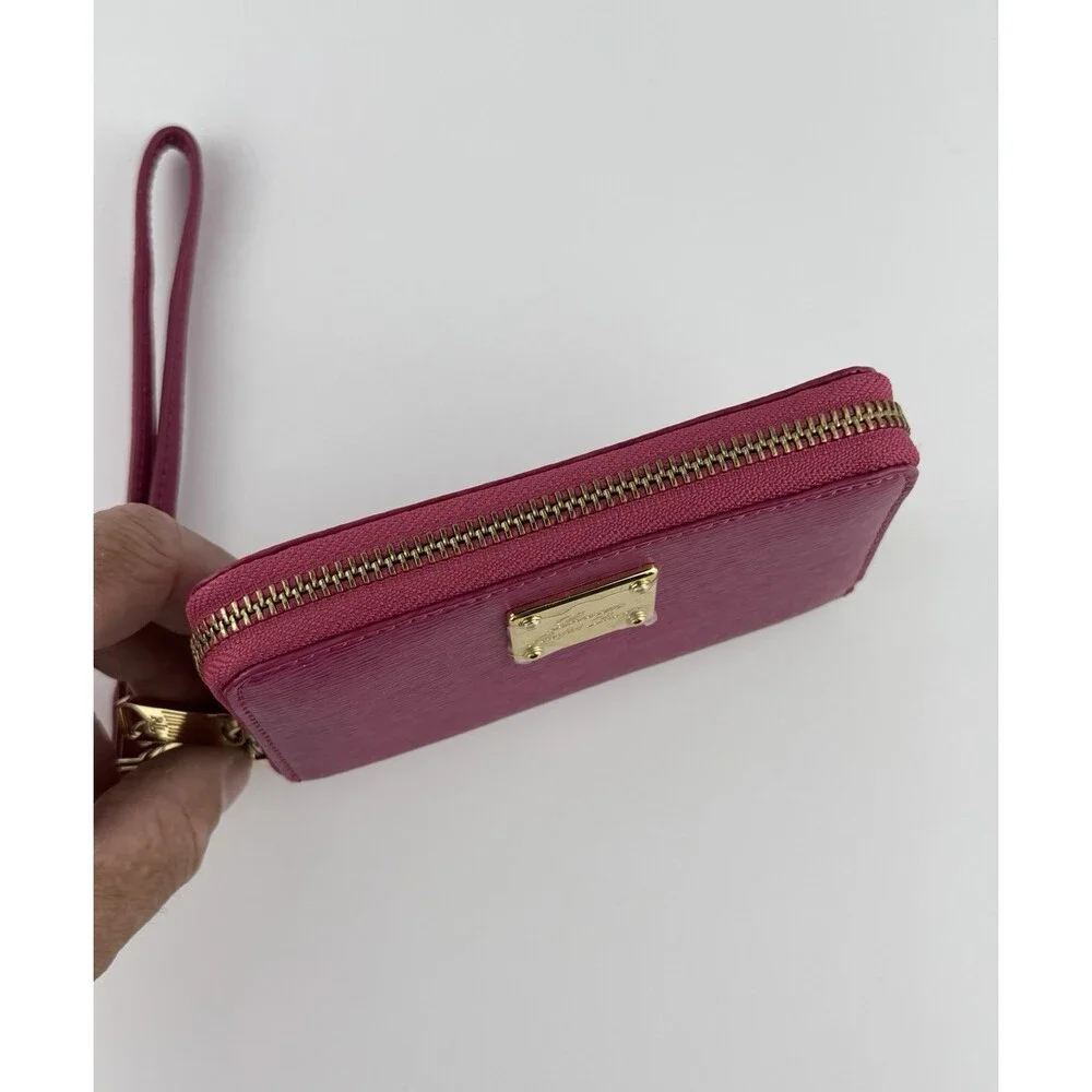Lauren Ralph Lauren Pink Leather Wristlet Zip Around Wallet With Gold Hardware